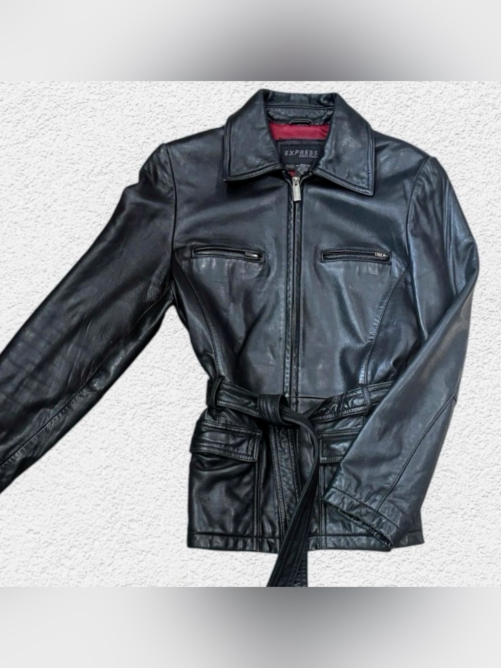 Express Black Leather Jacket • Belted Moto Style • Size S